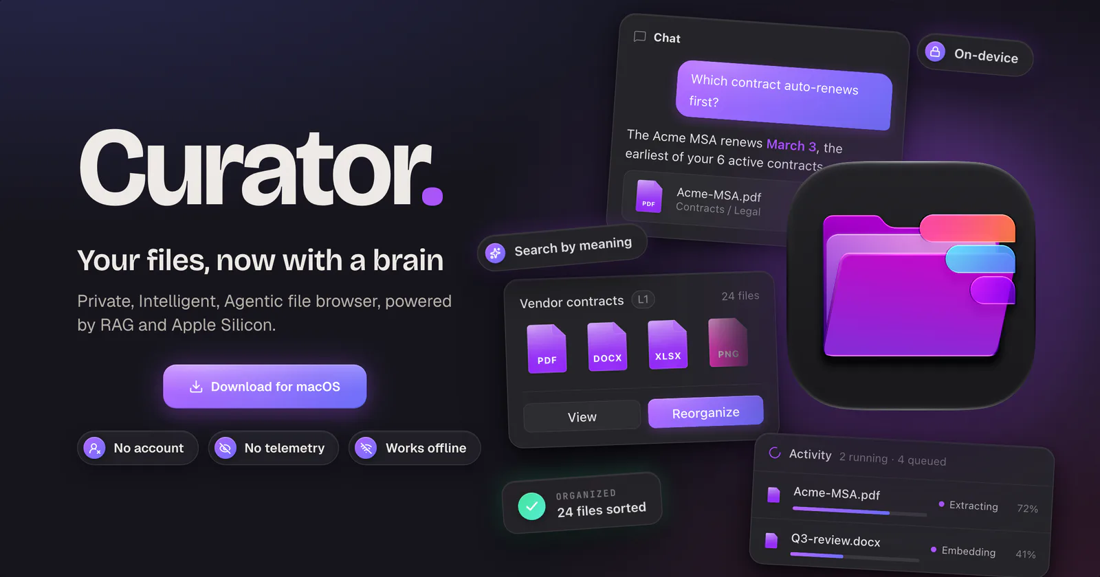 Curator for macOS showing semantic file search, local processing, and content-aware organisation