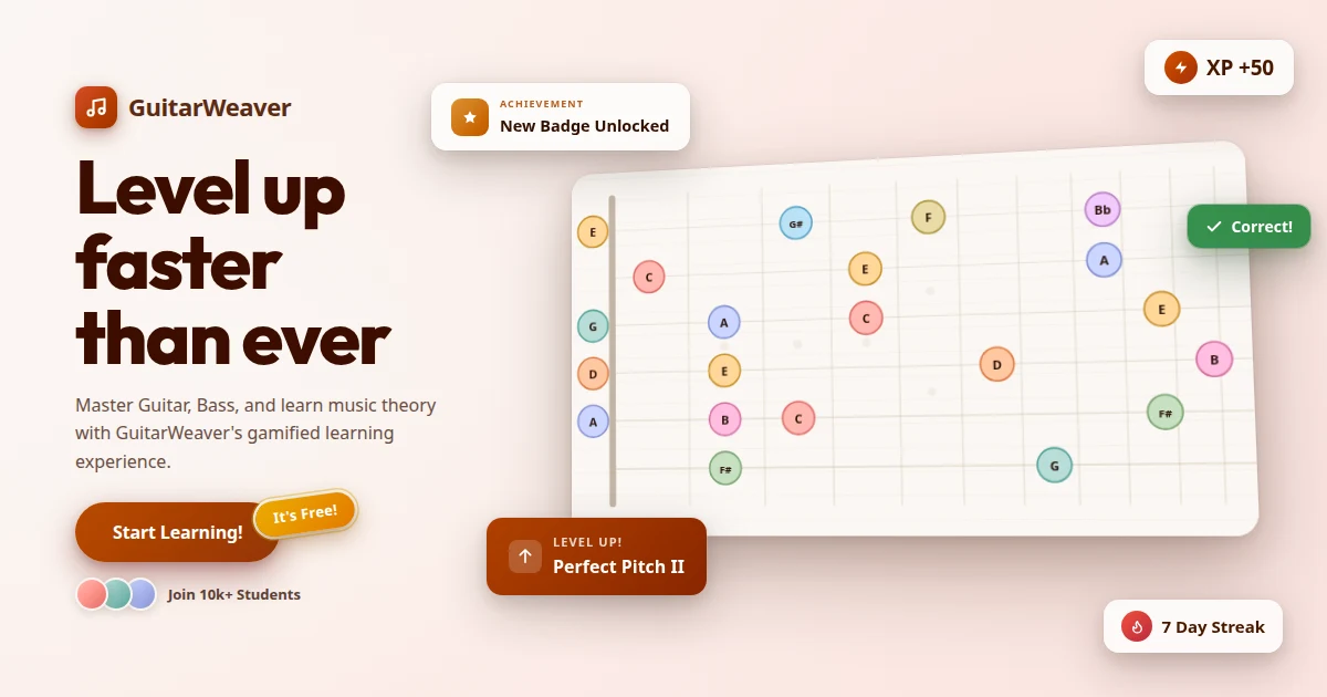 GuitarWeaver showing an interactive fretboard and visual music theory exercises
